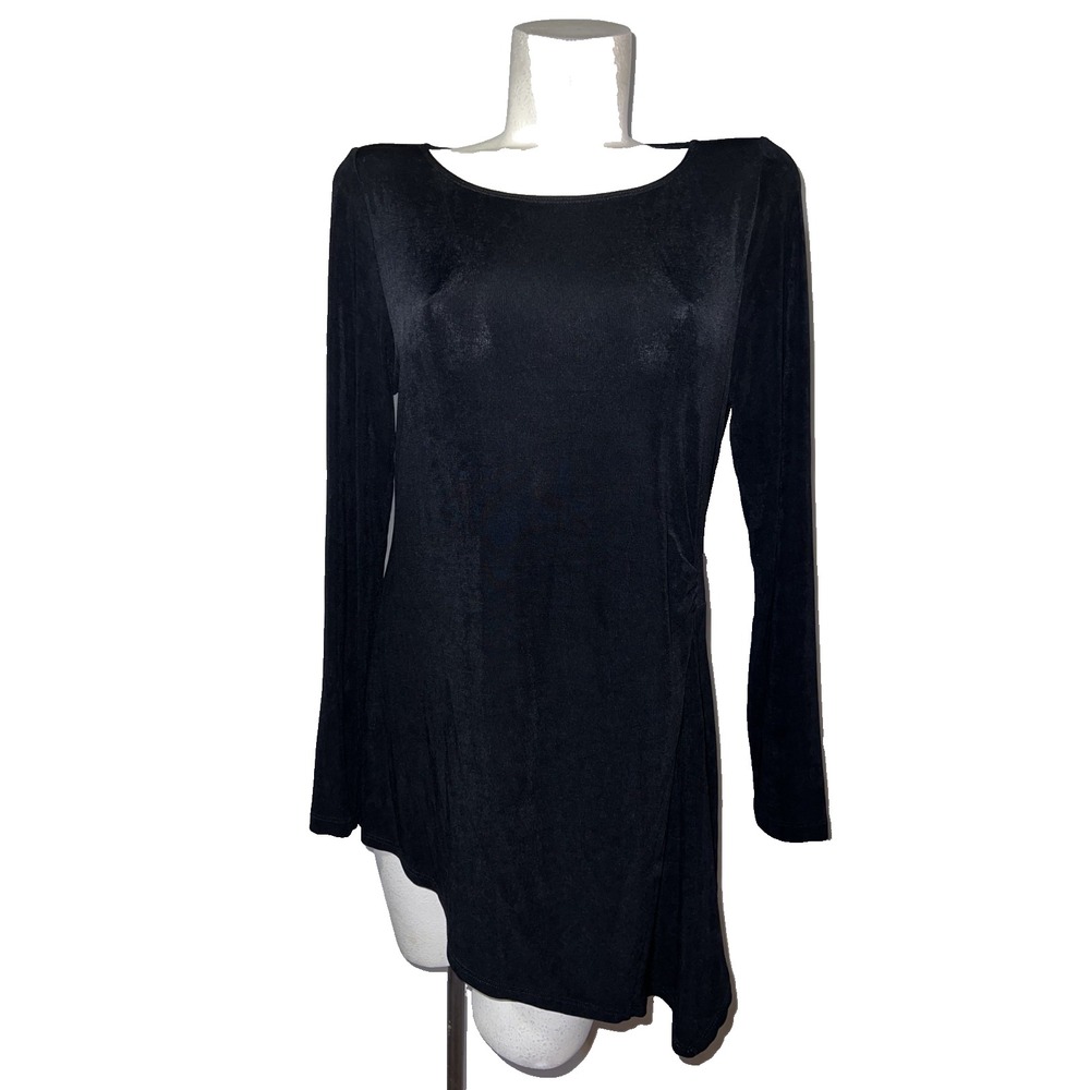 Chicos Travelers Black Slinky Knit Asymmetrical Side Drape Tunic Top Size 1